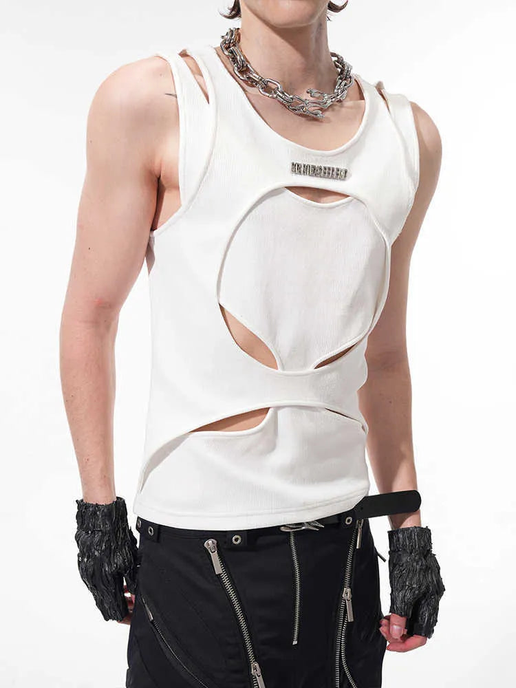 Men's black sleeveless waistcoat with hollow thread design and round neck collar