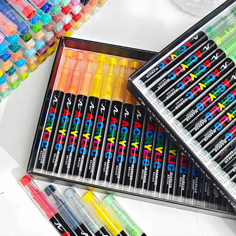 Set of straight liquid acrylic marker pens with soft flexible tips in multiple colour options