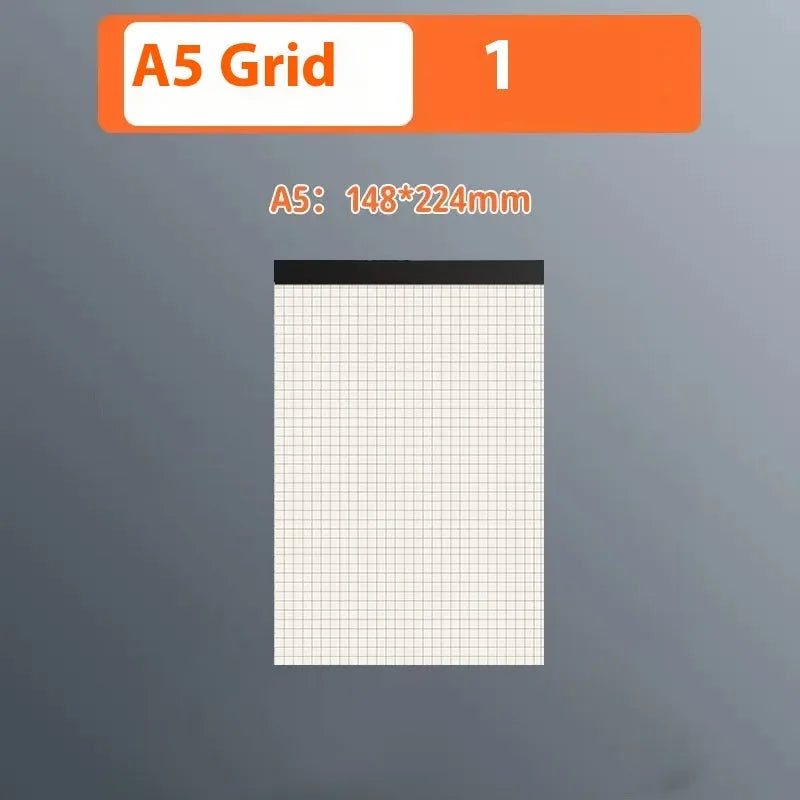 A5 and B5 tearable writing pads showing blank, grid, and horizontal line page styles.