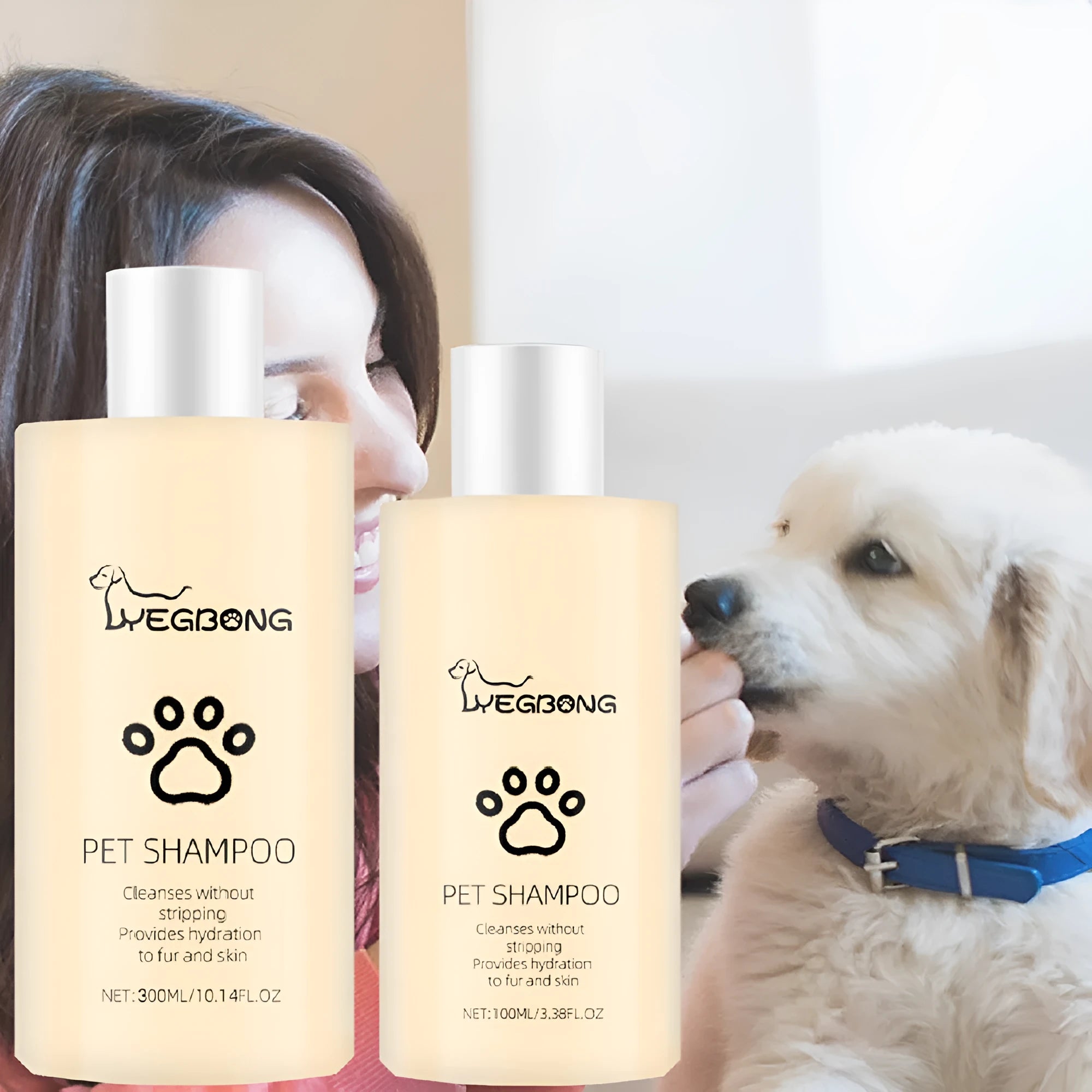 Bottle of mild pet shampoo for dogs, options for 100ml and 300ml sizes.