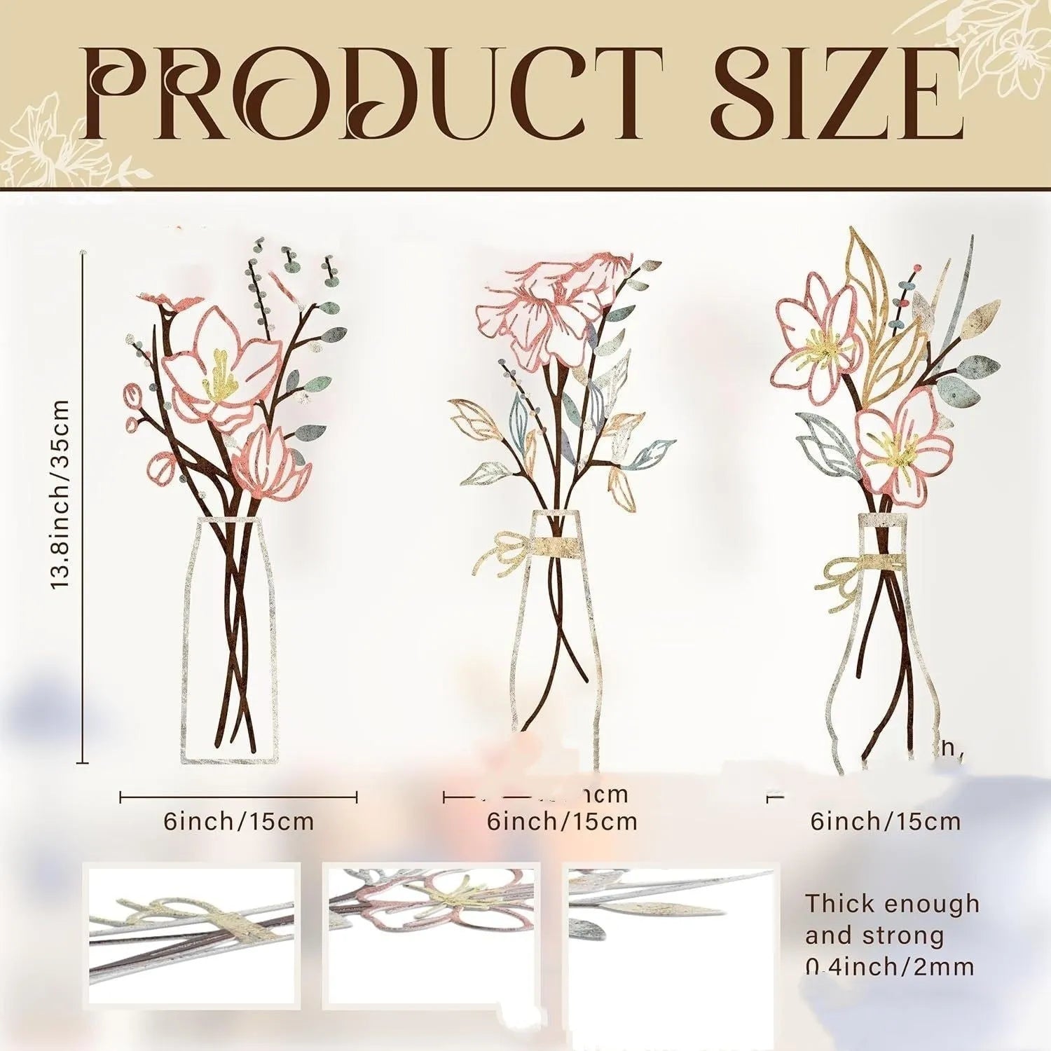 Three piece metal flower wall art set in alloy finish with colour vase holders for country farmhouse decor