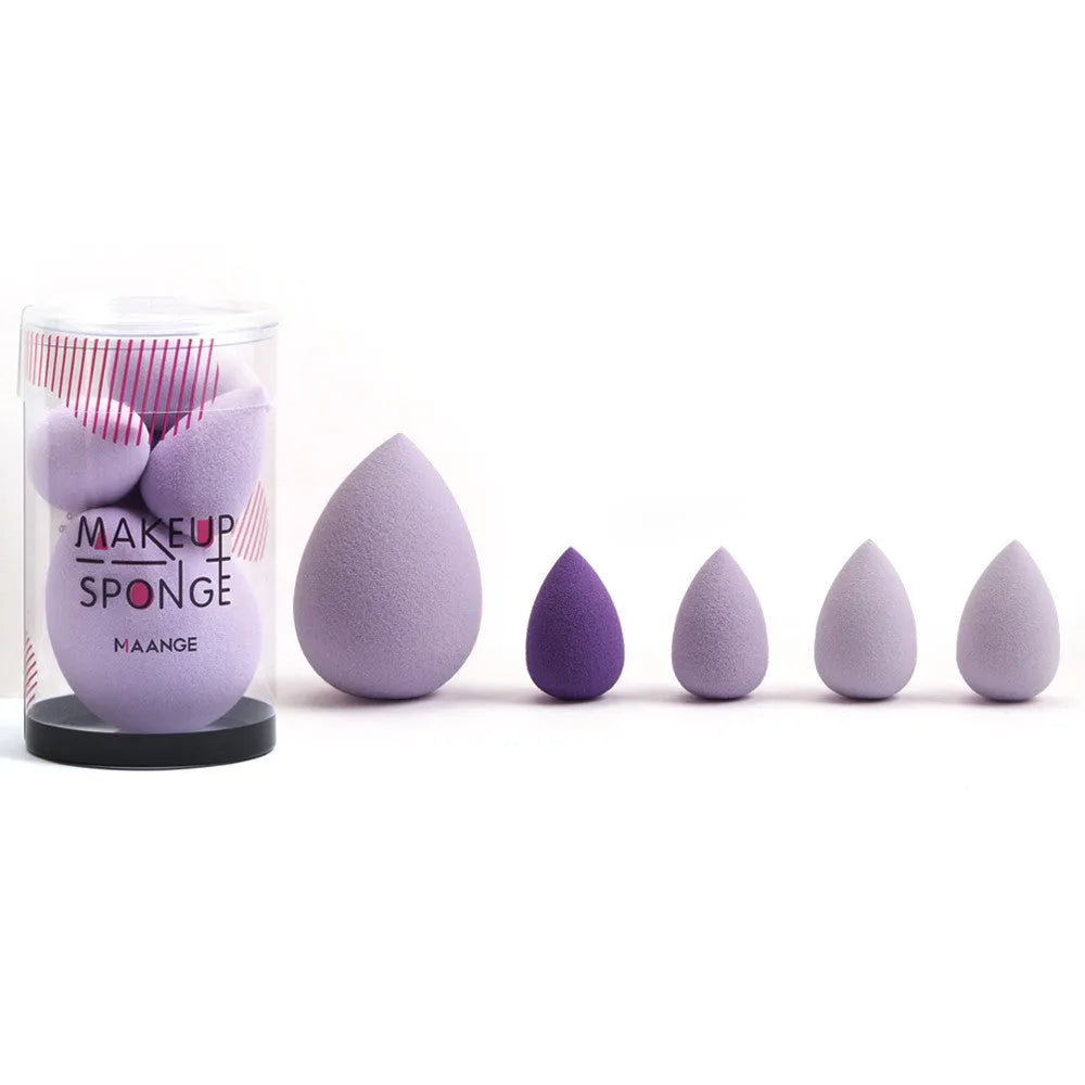 Five mini beauty eggs cosmetic sponges in blue pink and purple with flocking velour surface