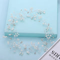 Bride's long hair band with pearls and crystals in silver, gold, and rose gold colour options.