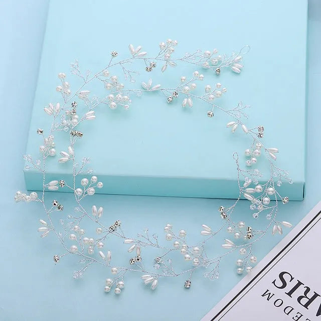 Bride's long hair band with pearls and crystals in silver, gold, and rose gold colour options.