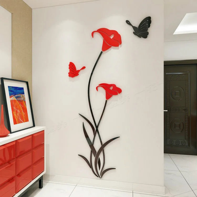 Three-dimensional acrylic lily flower wall sticker in pink colour with realistic petal detail