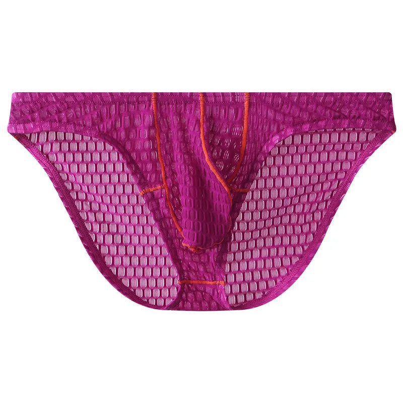 Men's low waist lace briefs in five colours: white, black, green, rose red, and light purple