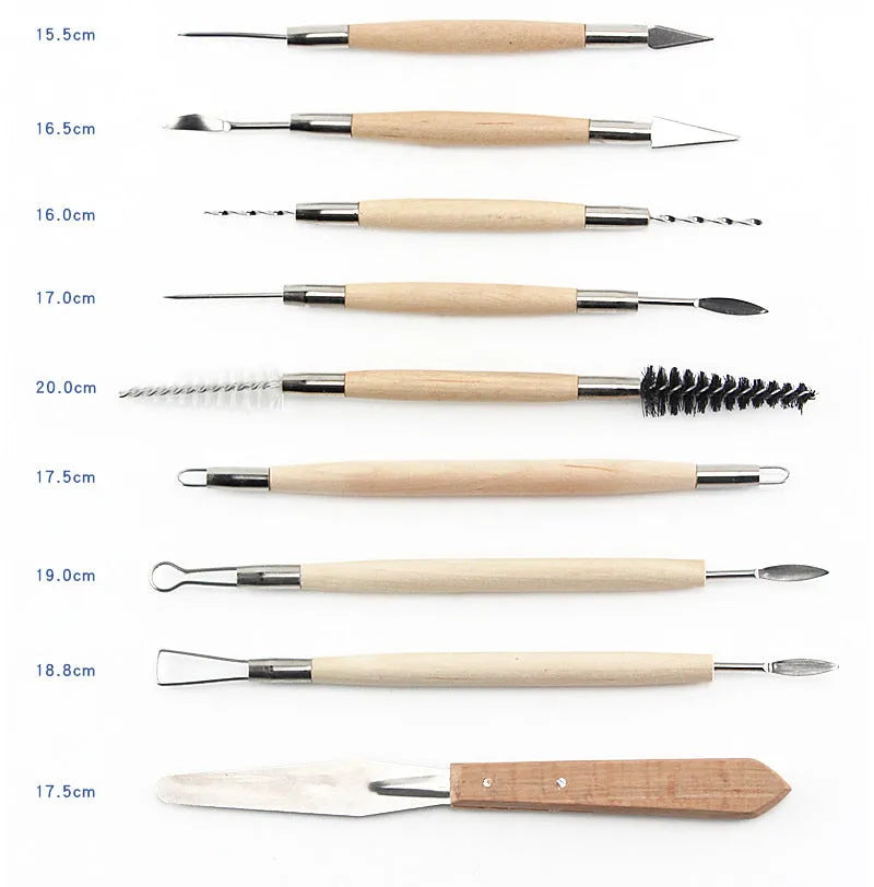 27-piece pottery clay sculpting tool set with stainless steel, wood, and plastic implements in roll-up storage bag