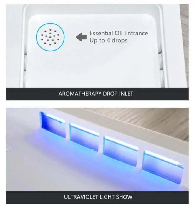 Blue UV light phone steriliser box with closed lid on a table, dimensions 205x120x35mm.