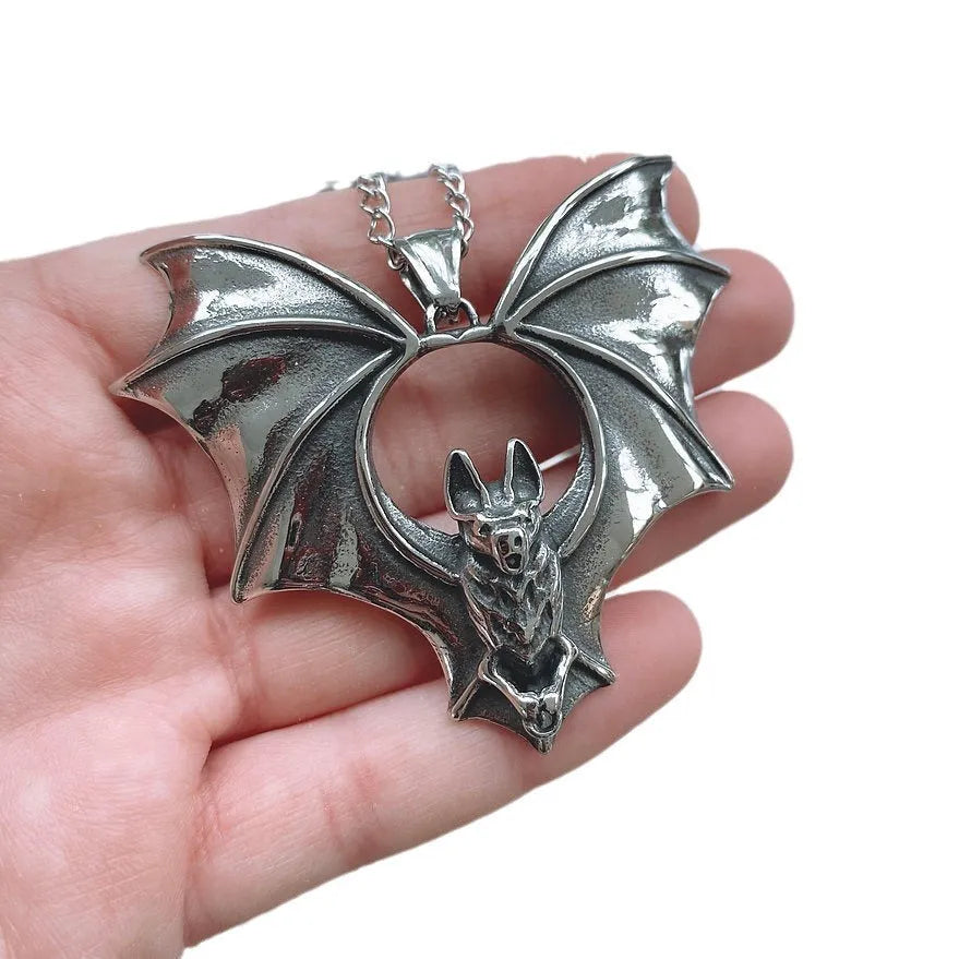 Vintage gothic big bat necklace alloy cross chain electroplated couple style AQ-5841 dark pendant