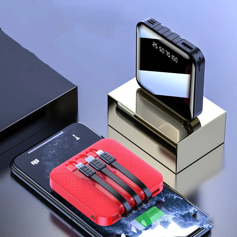 Black or red square power bank with built-in data cable, 20000mAh or 10000mAh capacity.