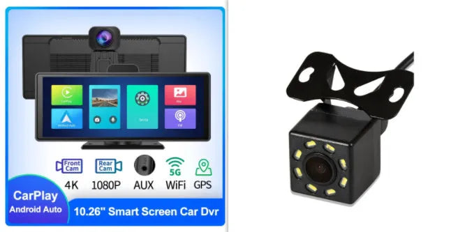 12-inch touch screen car dash cam unit with separate rear camera for front and rear recording.