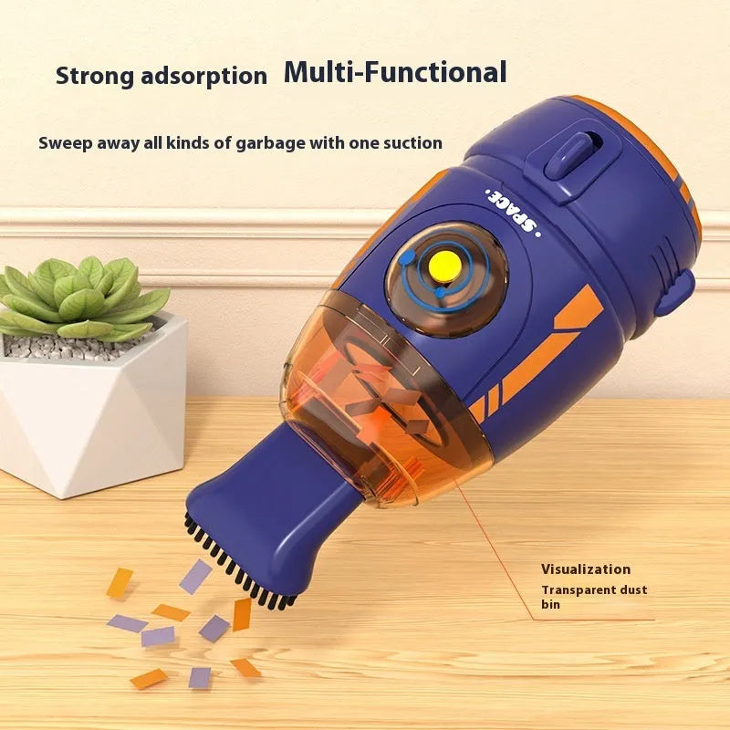 USB charging desktop vacuum cleaner in various colours including blue rocket, orange, gray white, and animal designs.