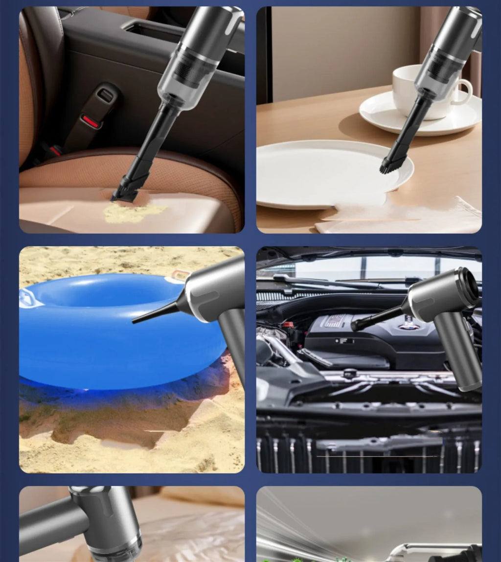 Cordless handheld car vacuum cleaner with brushed finish and attachments for 45000Pa suction and blowing