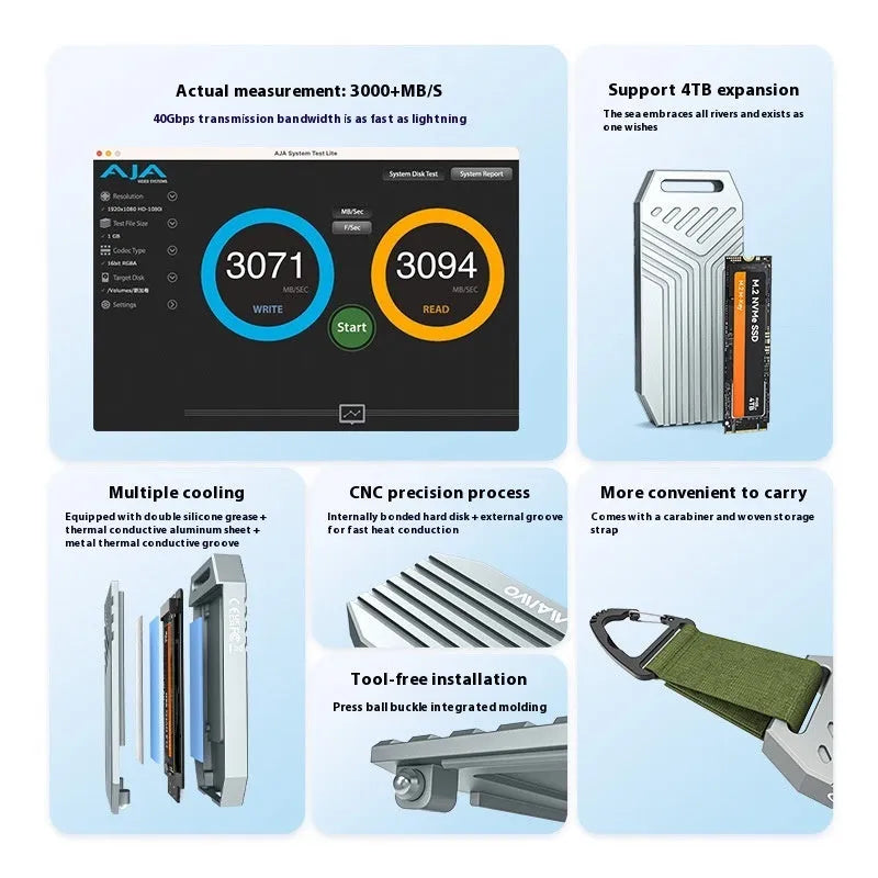 Aluminium alloy Thunderbolt 4 external SSD case for M.2 drives in grey or silver, showing slim 50mm profile.