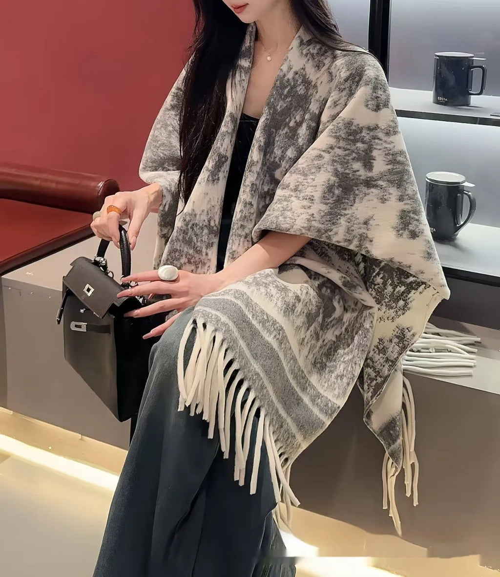 Women's free size tassel scarf cape in polyester available in multiple picture colour options