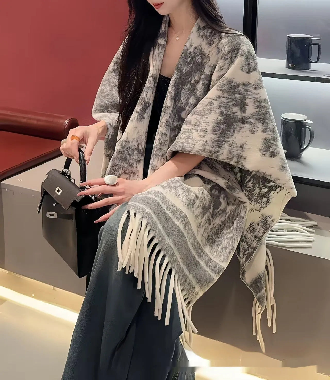 Women's free size tassel scarf cape in polyester available in multiple picture colour options
