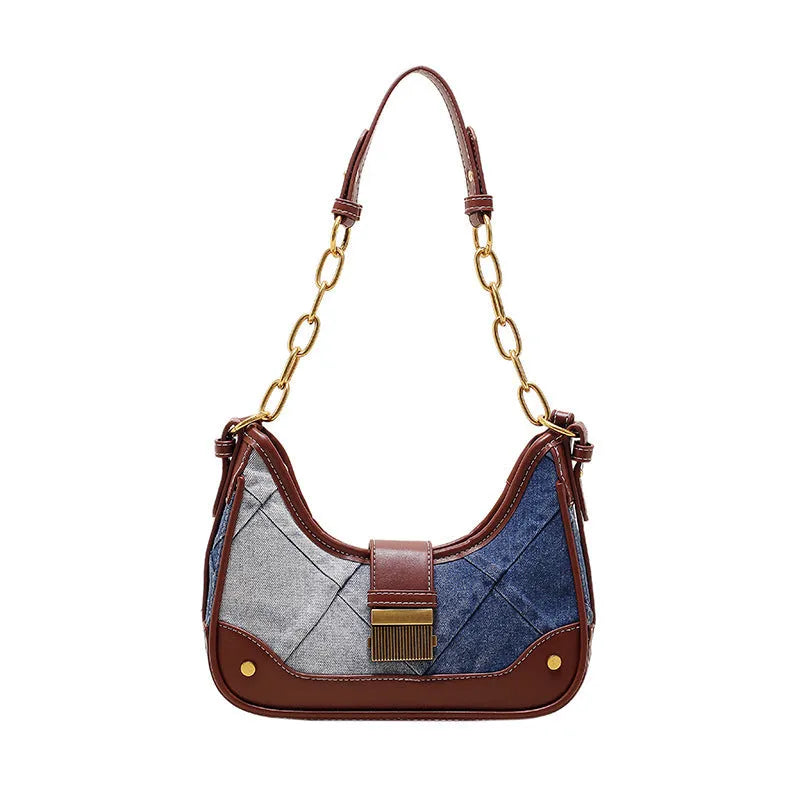 Brown denim women's shoulder bag with diamond chain design and bucket shape