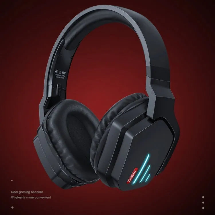 Luminous black wireless gaming headphones showing head-mounted design with adjustable headband and ear cups