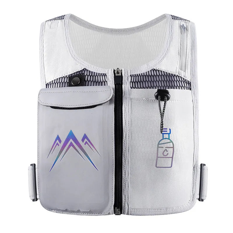 A classic black breathable mesh running vest with a front pocket designed to hold a mobile phone up to 7.5 inches.