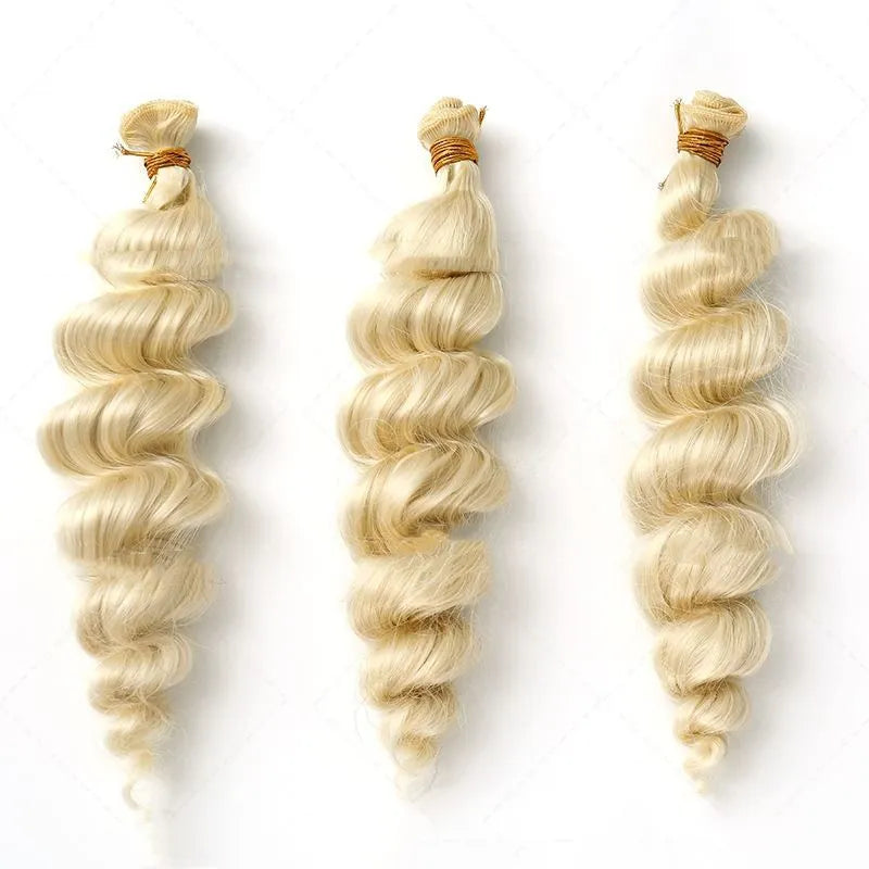 Golden synthetic wig in three lengths: 18 inches, 20 inches, and 22 inches.