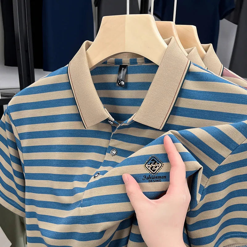 Men's striped short sleeve casual shirt in polyester with mosaic pattern, available in red, blue and green colours