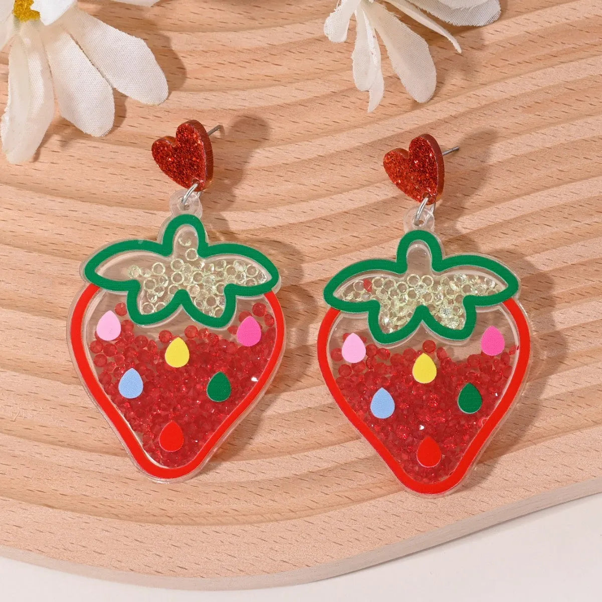 Acrylic fruit earrings for women showing cherry, strawberry, watermelon, pineapple designs