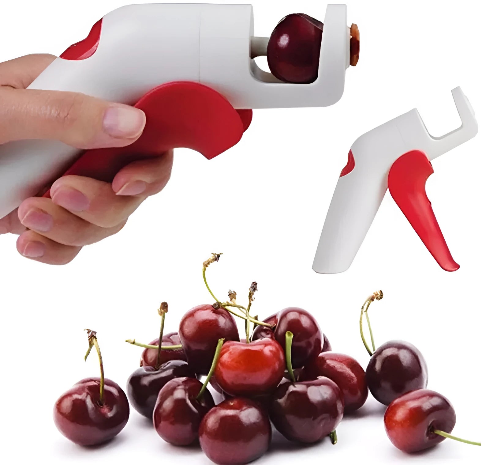Close-up of a manual cherry pitter tool showing plastic handle and stainless steel mechanism.