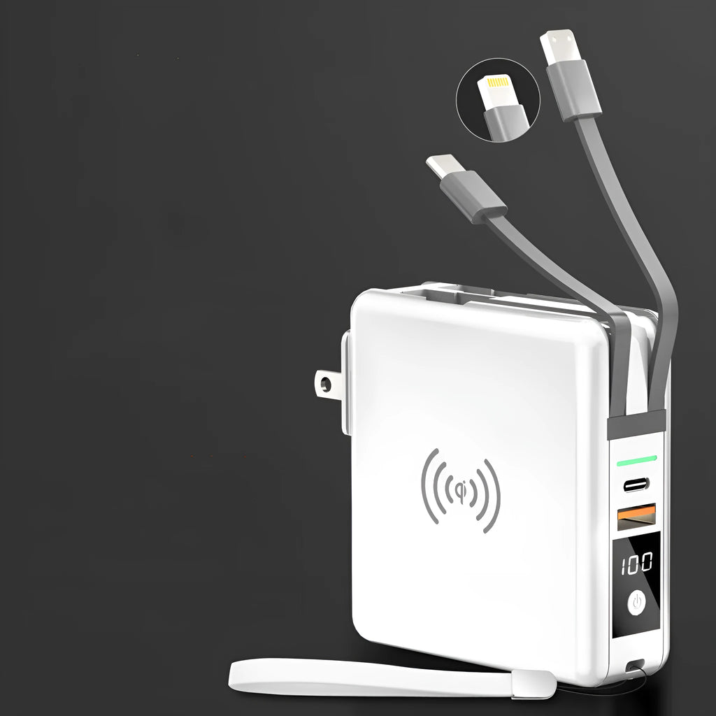 Super QI wireless charging power bank with built-in plug in black and white colour options