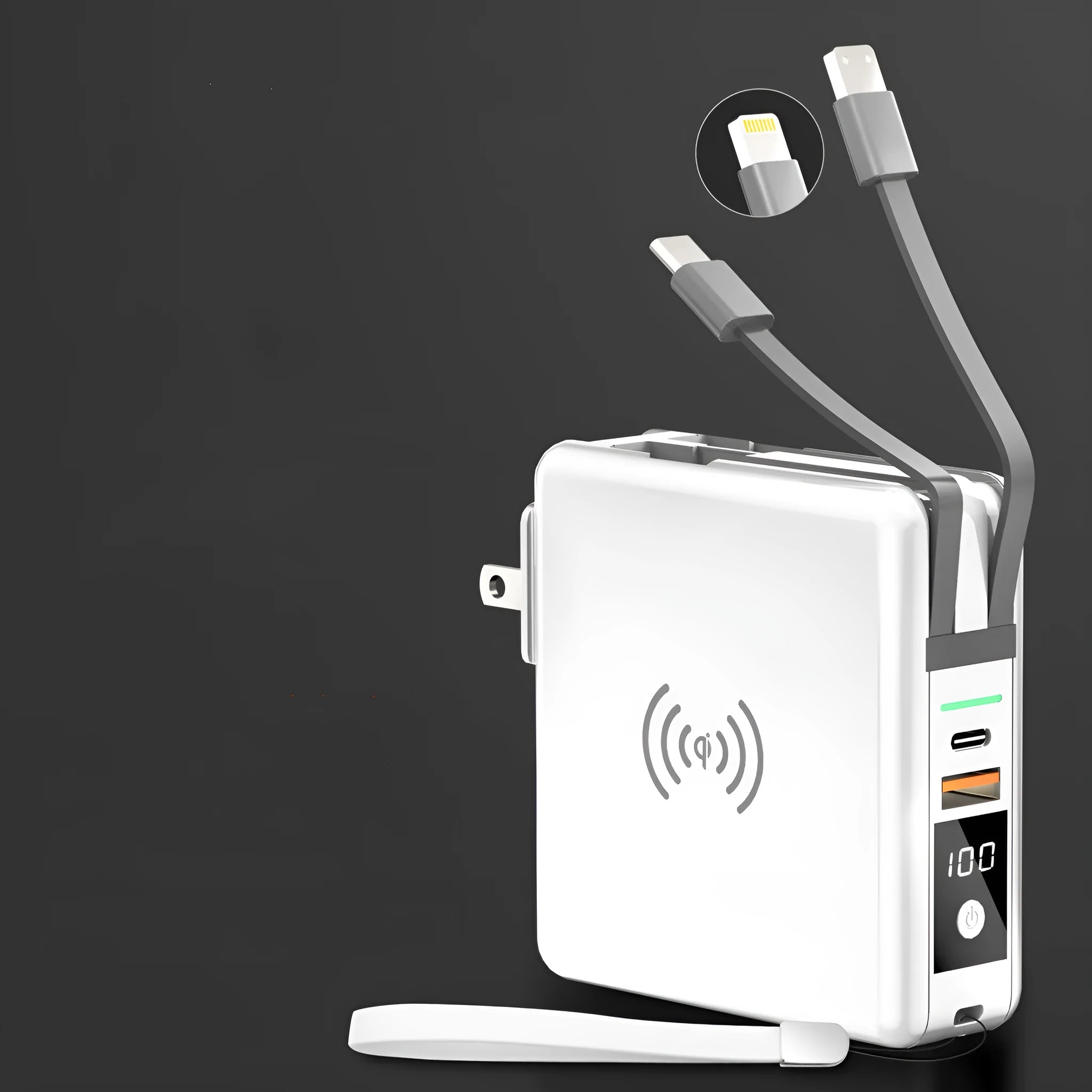 Super QI wireless charging power bank with built-in plug in black and white colour options