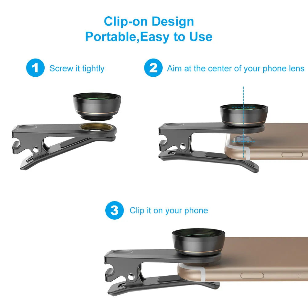 6-in-1 universal smartphone camera lens kit showing fisheye, wide angle, macro and telephoto lenses in black aluminium housings