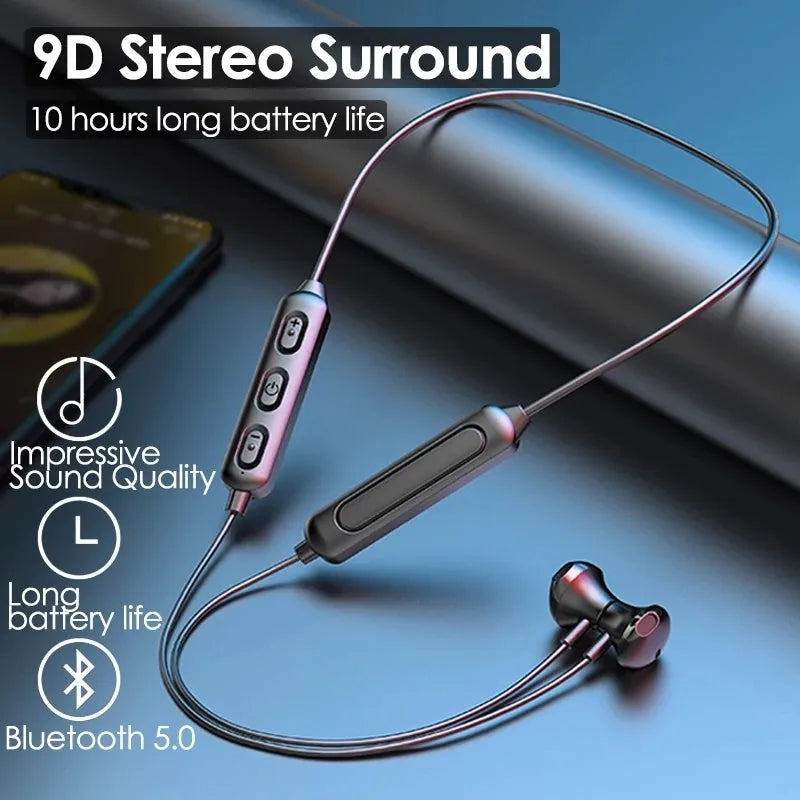 Black neck-mounted wireless sports earphones with custom logo printing support