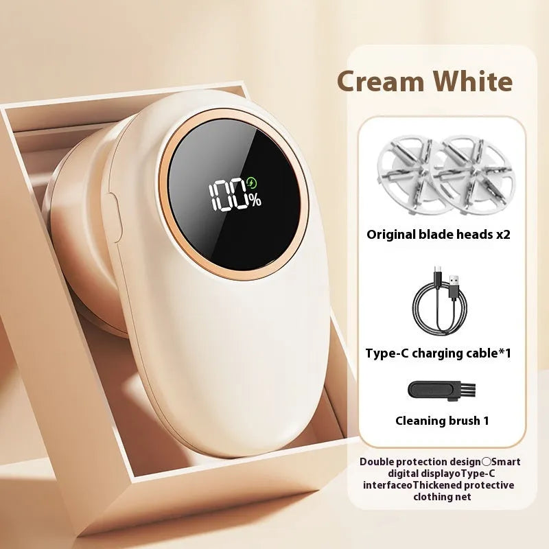 Fur ball trimmer with digital display in beige or purple colours showing cutter head options