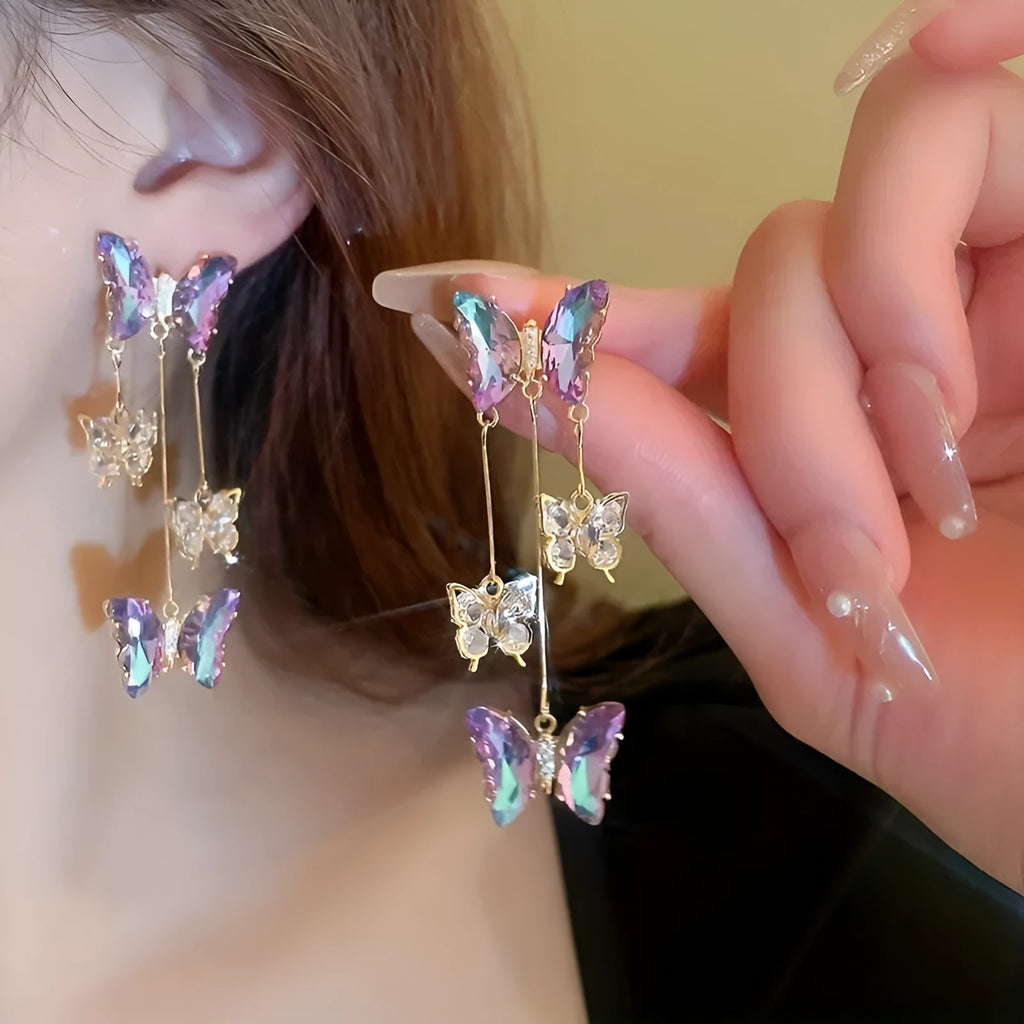 Blue purple butterfly tassel drop earrings with silver needle crystal flowers for women