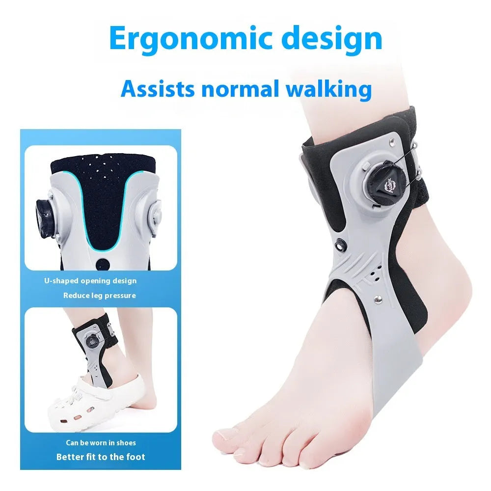 Grey and black ankle support brace with airbag button construction showing left and right versions
