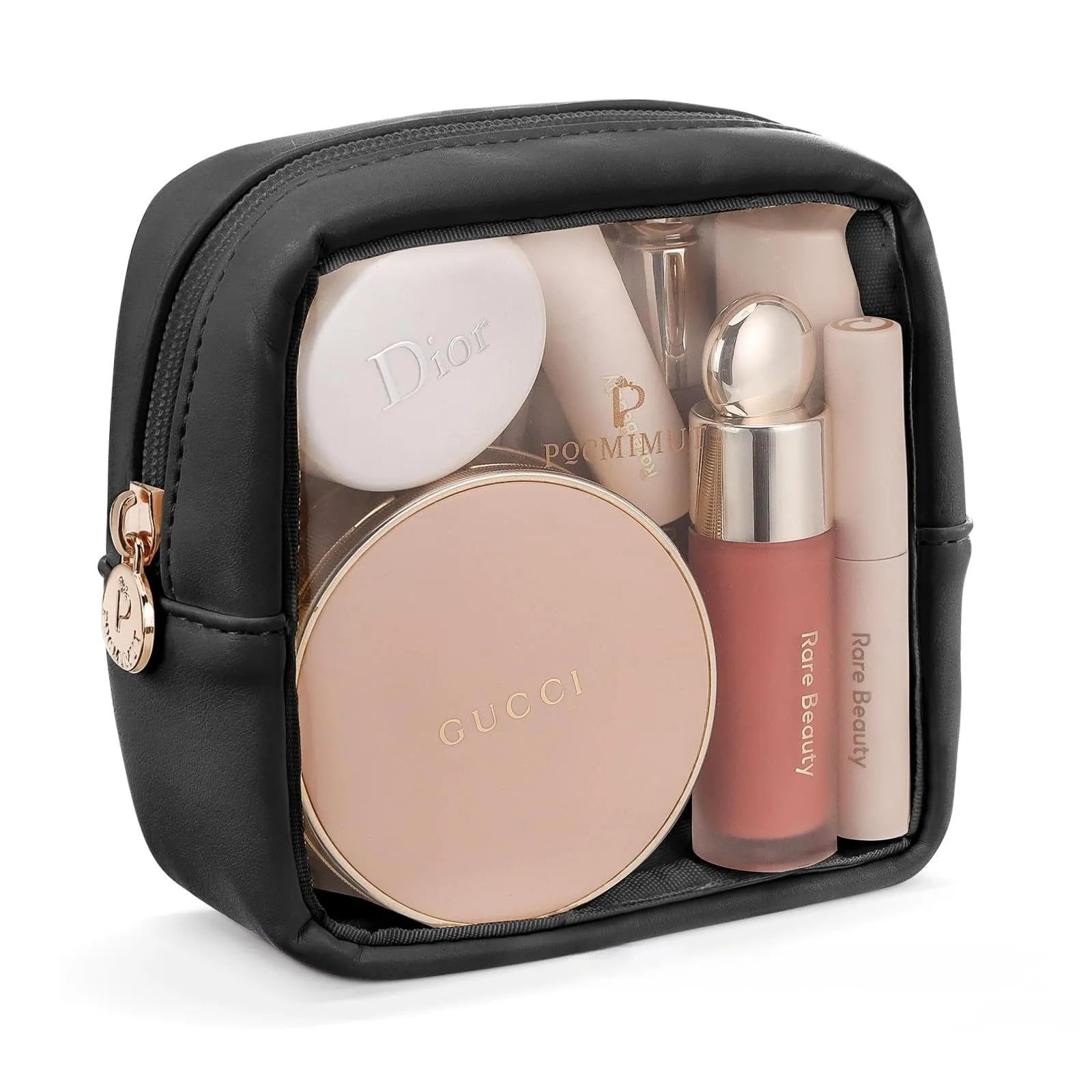 Transparent PVC cosmetic bag with waterproof design and polyester lining available in pink, beige, and brown.