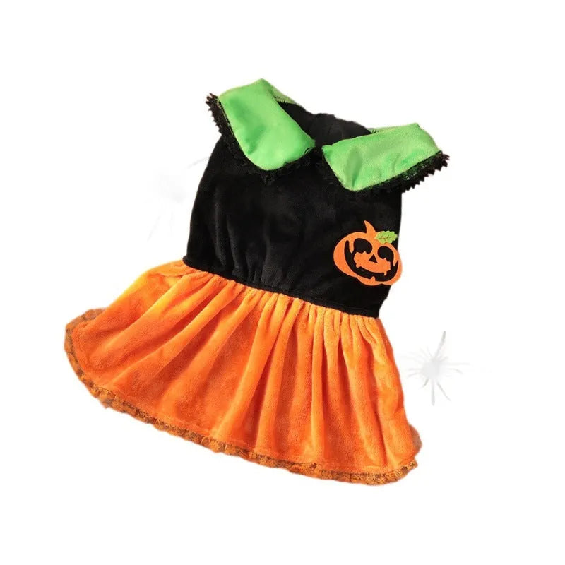 Orange crystal velvet Halloween pumpkin skirt costume on a small dog, with size chart showing measurements.