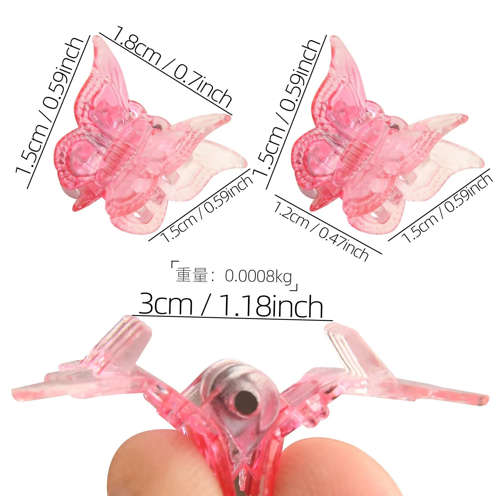 Assortment of glittery mini butterfly-shaped hair claw clips in multiple colours on a white background.