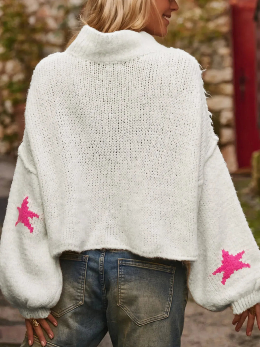 Women's white loose turtleneck pullover with star pattern in imitation velvet fabric