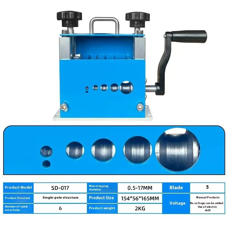 Manual wire stripping machine model SD-017 on a work surface.