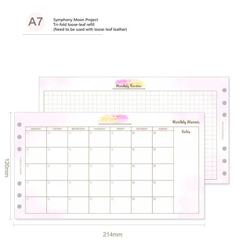 Handbook loose-leaf refill sheets showing floral monthly plan and symphony tri-fold layouts in A5, A6 and A7 sizes