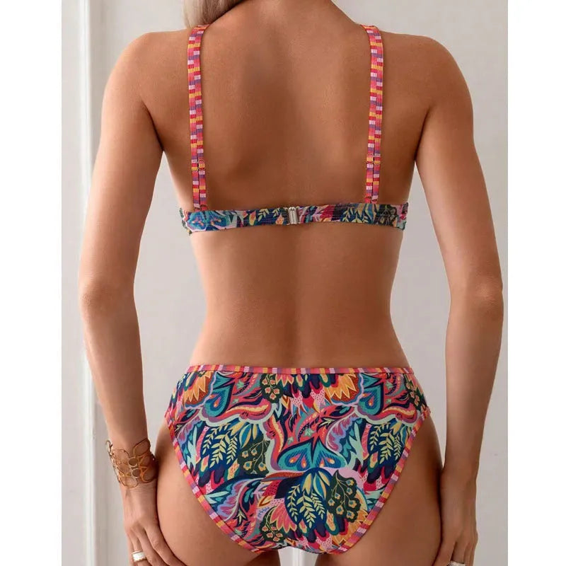 Women's printed halter beach swimsuit with mixed colours and matching tie pants