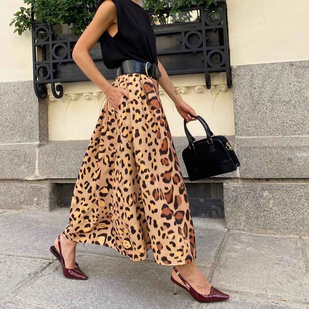 Brown leopard print women's A-line skirt with big hem design in long length