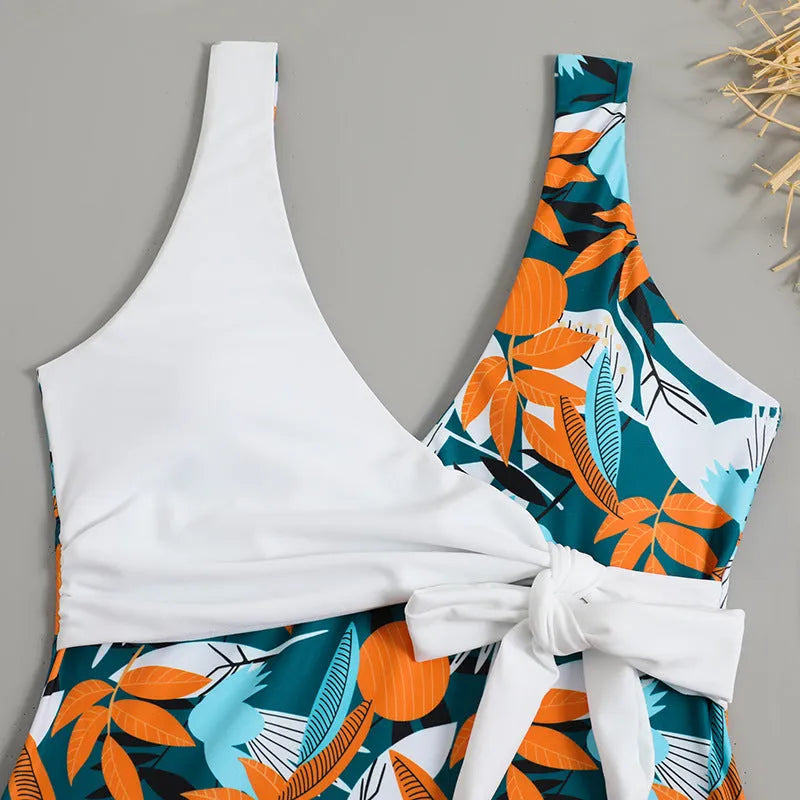 Women's high-waist one-piece swimsuit in printed pattern design with polyester and nylon construction