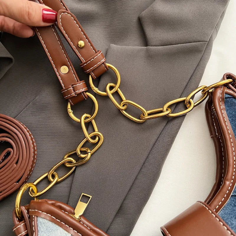 Brown denim women's shoulder bag with diamond chain design and bucket shape