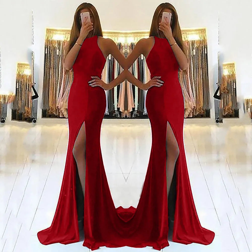 Long red knitted evening dress with hollow design details and high waist