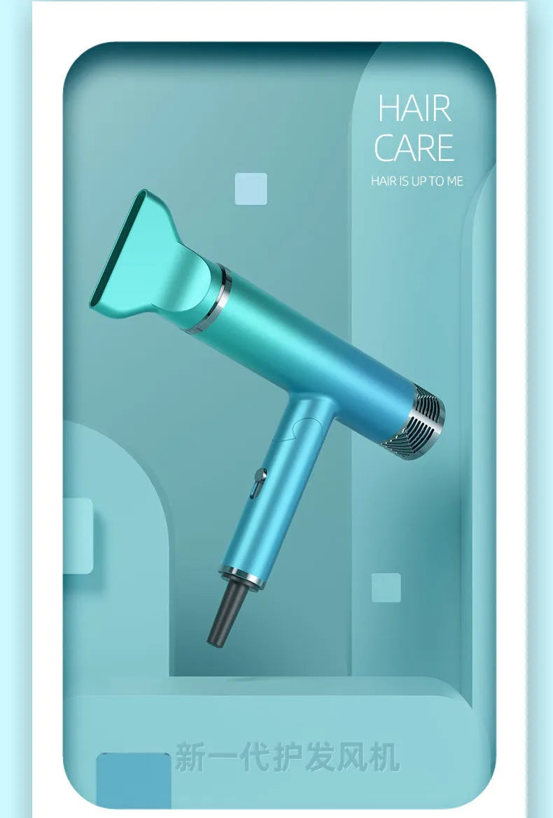 Green foldable hair dryer with collapsed handle next to a suitcase, demonstrating portable travel size.