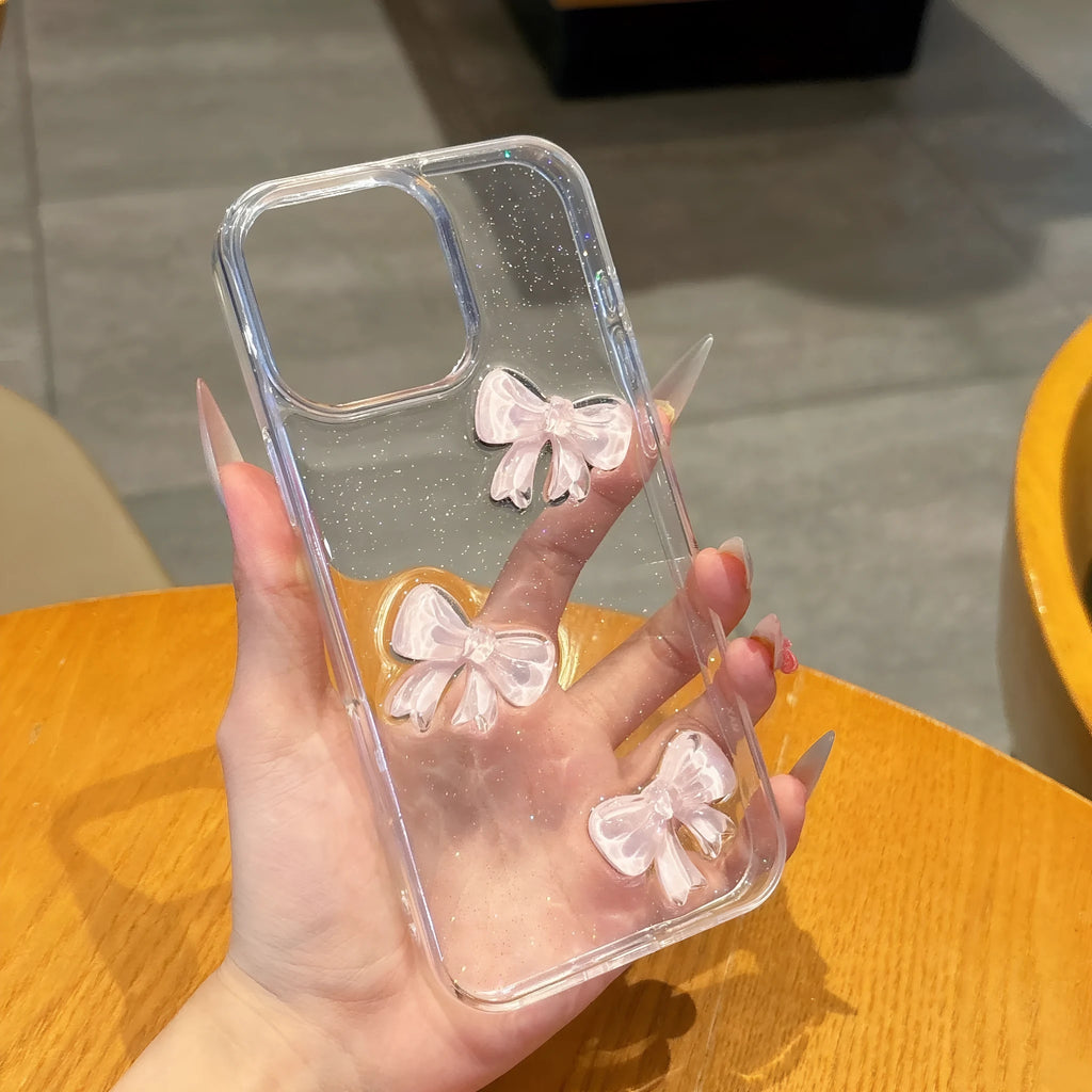 Pink bow knot epoxy transparent phone case with silicone bumper for iPhone