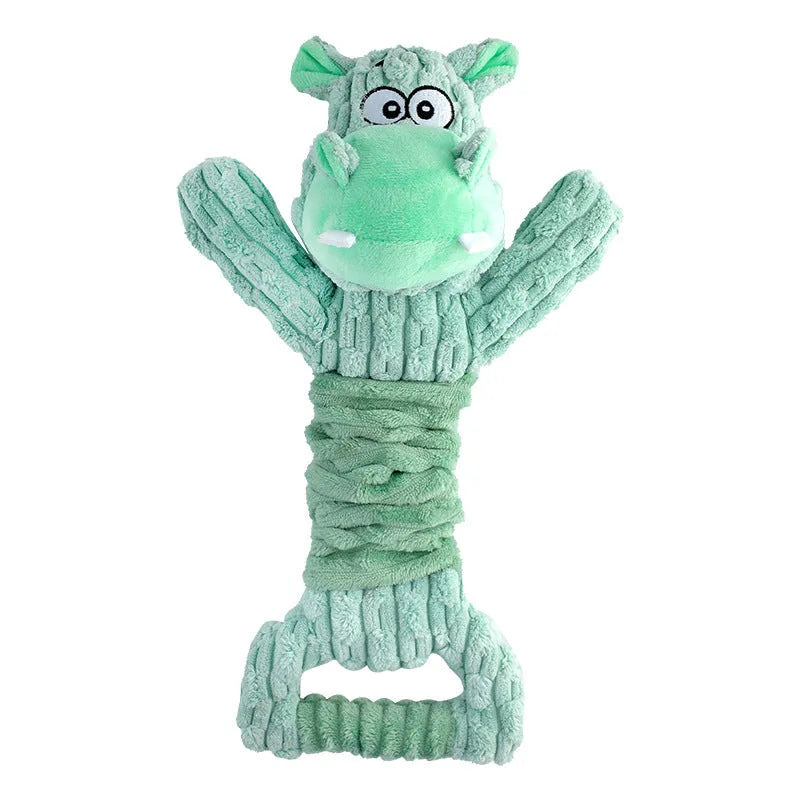 Large plush dog toy with handle, available as hippo or monkey character