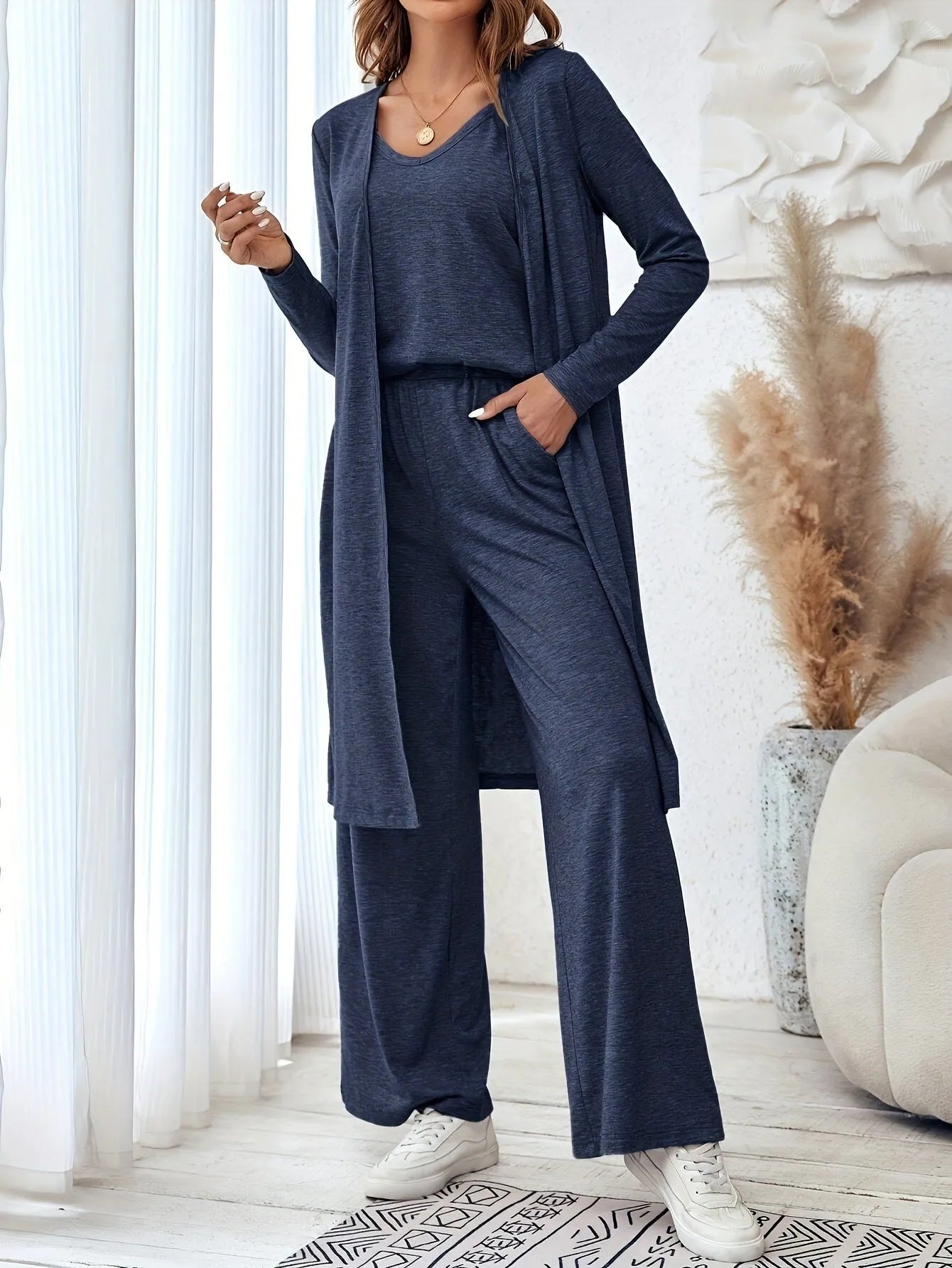 Women's blue polyester casual suit set with trousers, long-sleeve top and matching suspenders