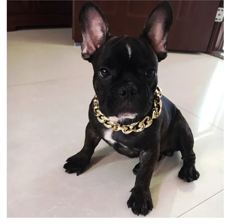 Gold colour dog collar necklace with geometric buckle and twisted chain design for small to medium sized dogs